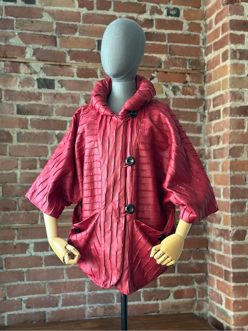 Red Cocoon Jacket Textured Oversized Statement Coat Sculptural Collar